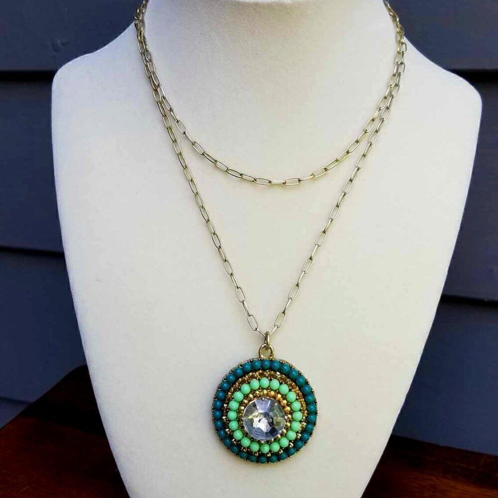 J Crew Blue Beaded Medallion with Large Center Rhinestone Crystal Necklace